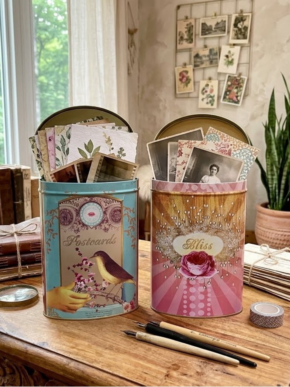 VTG Papaya Mixed Media Art Anahata Katkin Postcard Tins Bird Rose Boho Storage